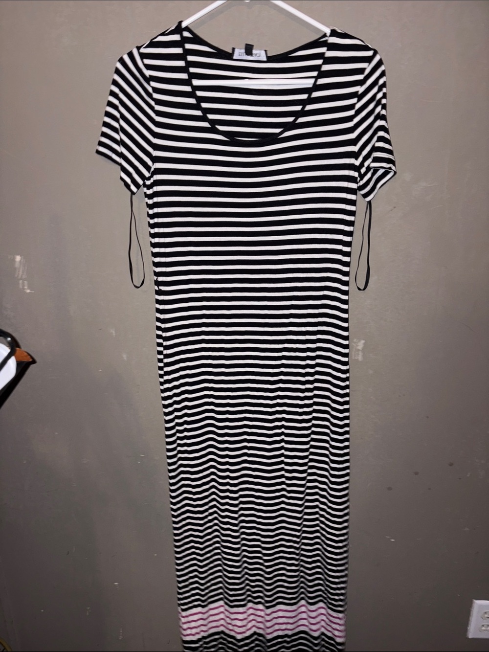 Ellen Tracy Black & White Striped Maxi Dress with Pink Accent